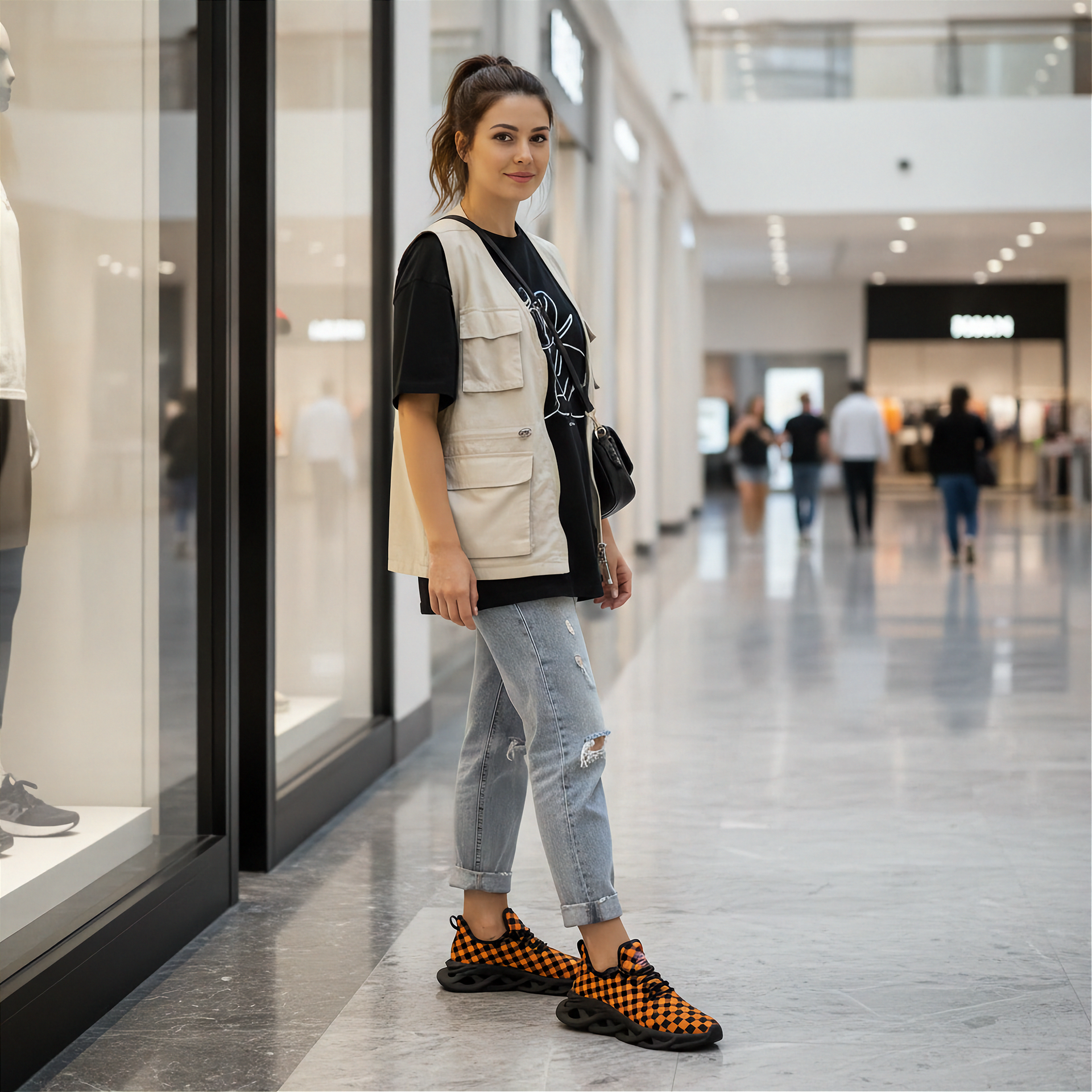 Woman standing in a shopping mall wearing a black t-shirt, beige vest, and checkered shoes.