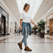 Woman walking in a mall wearing a white t-shirt, blue jeans, and checkered shoes.
