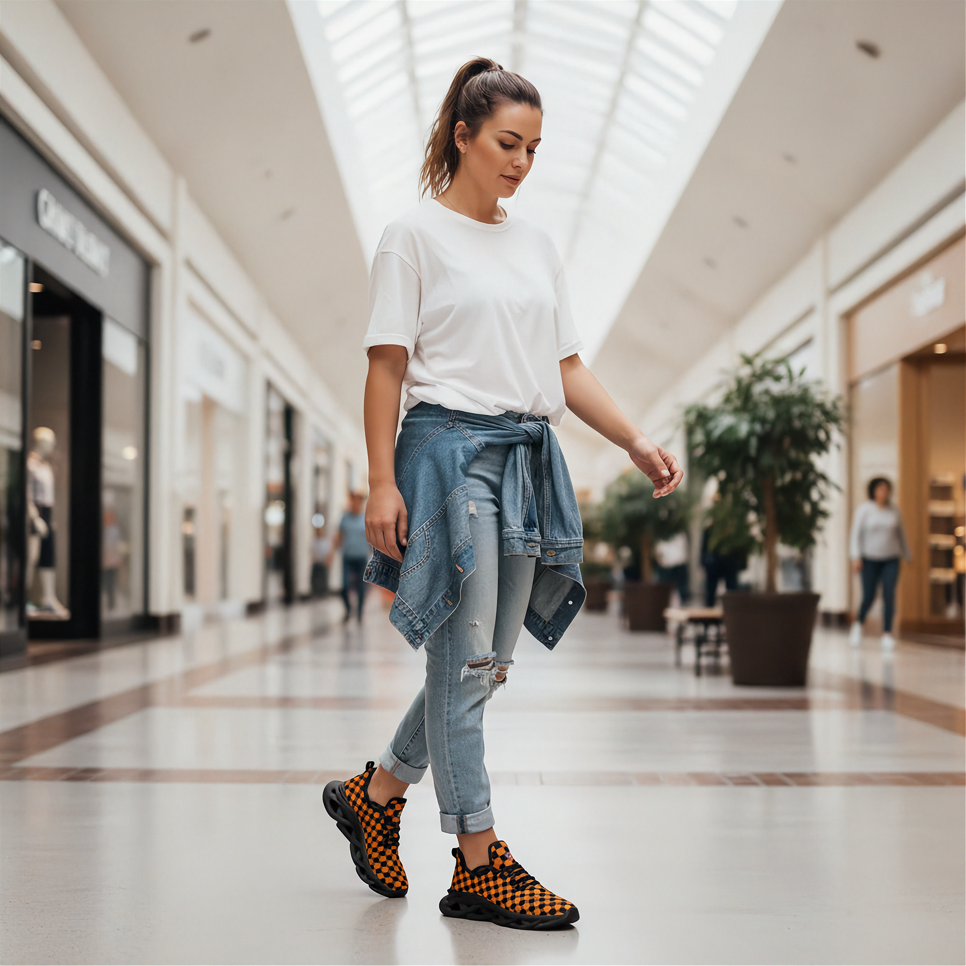 Woman walking in a mall wearing a white t-shirt, blue jeans, and checkered shoes.