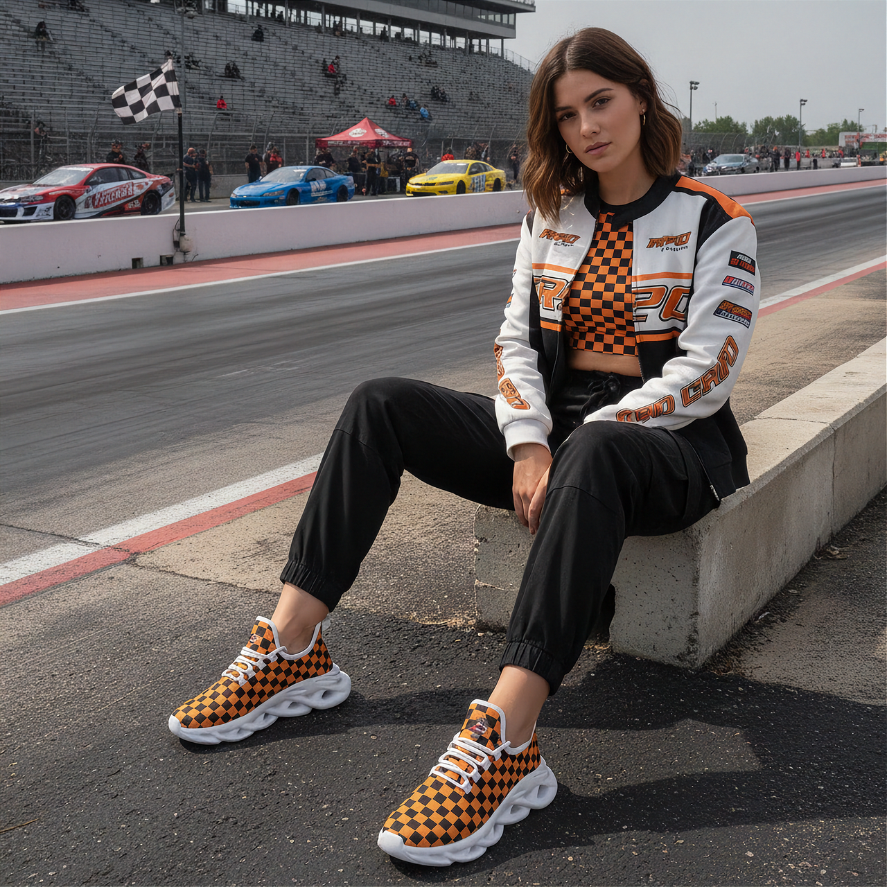 Woman sitting on a race track wearing a racing-themed outfit with checkered shoes.