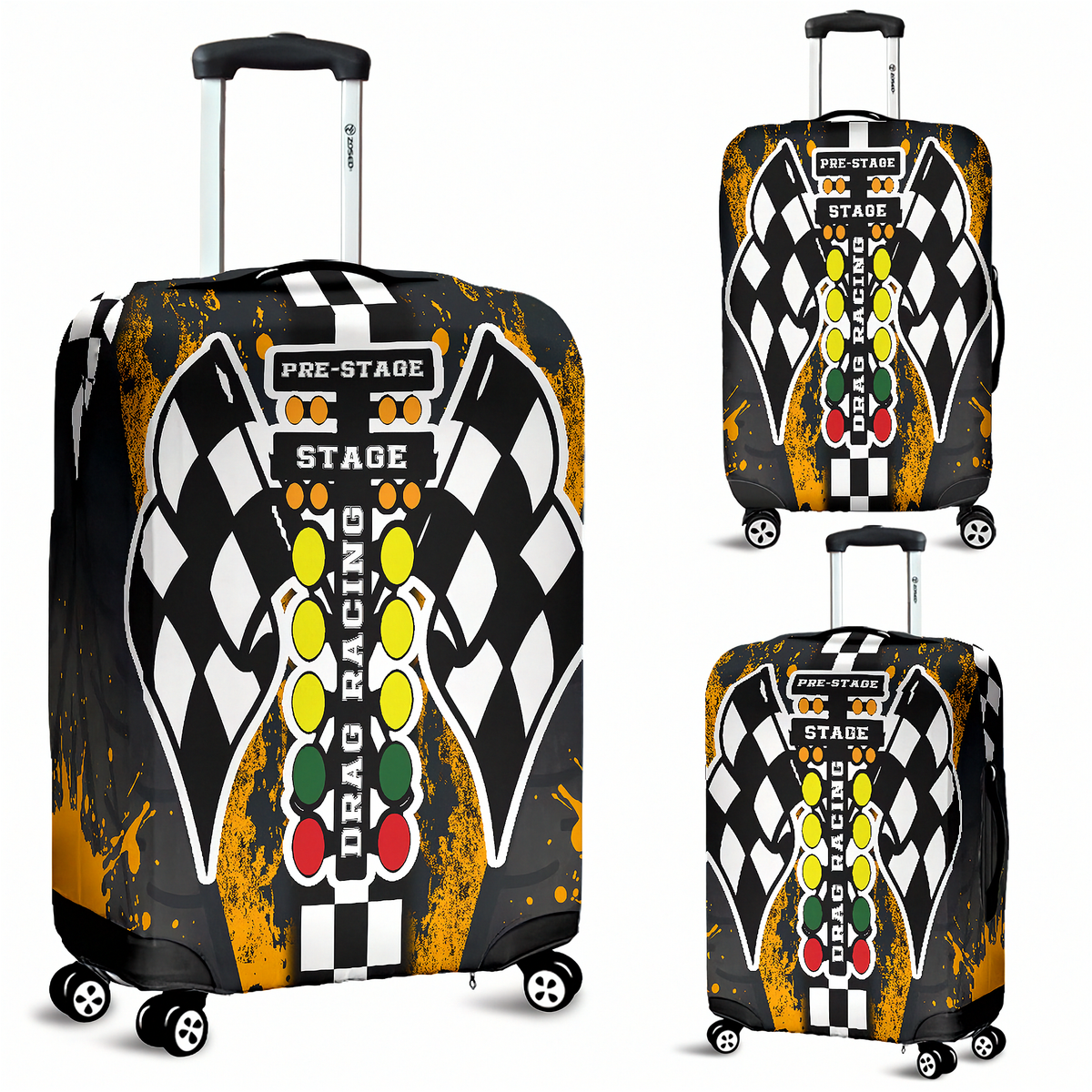Three views of a hard-shell suitcase with a drag racing themed print. The design features a black and white checkered flag, a vertical row of yellow, green, and red race lights, and distressed orange paint splatters on a black background.