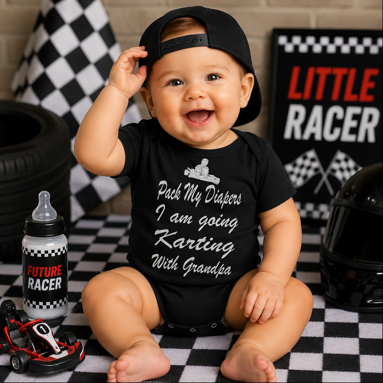 Baby wearing a black onesie with racing-themed text, sitting on a checkered floor with racing decor.