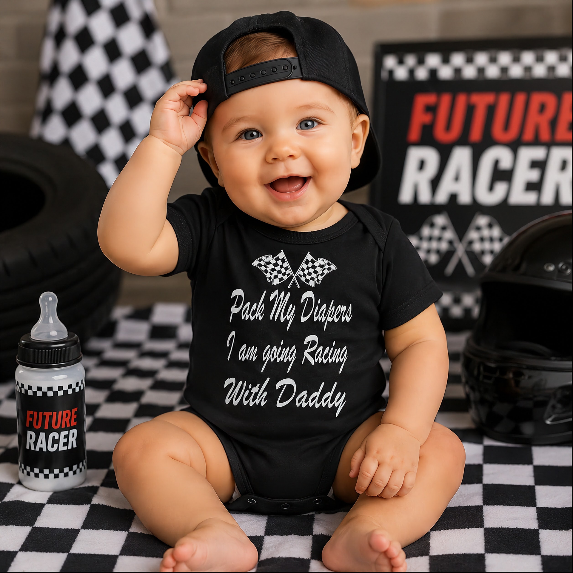 Baby wearing a black onesie with racing-themed text, sitting on a checkered floor with racing-themed decor.