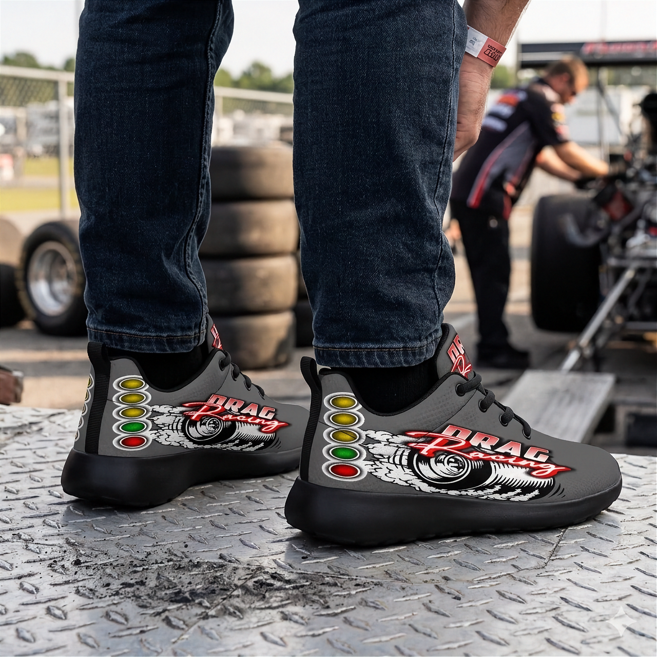 Performance grey drag racing sneakers with memory foam cushioning and mesh upper.