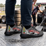 Performance grey drag racing sneakers with memory foam cushioning and mesh upper.