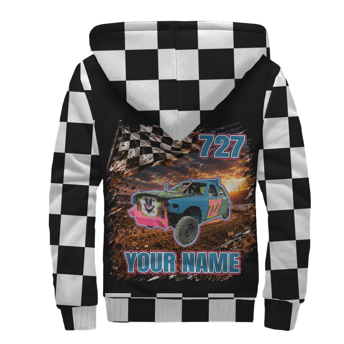 Back of demolition derby sherpa jacket with blue-and-pink car artwork, number 727, and checkered sleeves and hood.