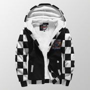 Front of demolition derby sherpa jacket unzipped to show white sherpa lining, custom chest graphic, hood, and two pockets.