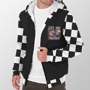 Man modeling a black derby sherpa jacket with personalized chest artwork, checkered sleeves, and white lining.