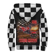 Back of personalized dirt bike sherpa jacket with red rider artwork, number 96, “YOUR NAME,” and a sunset track background.