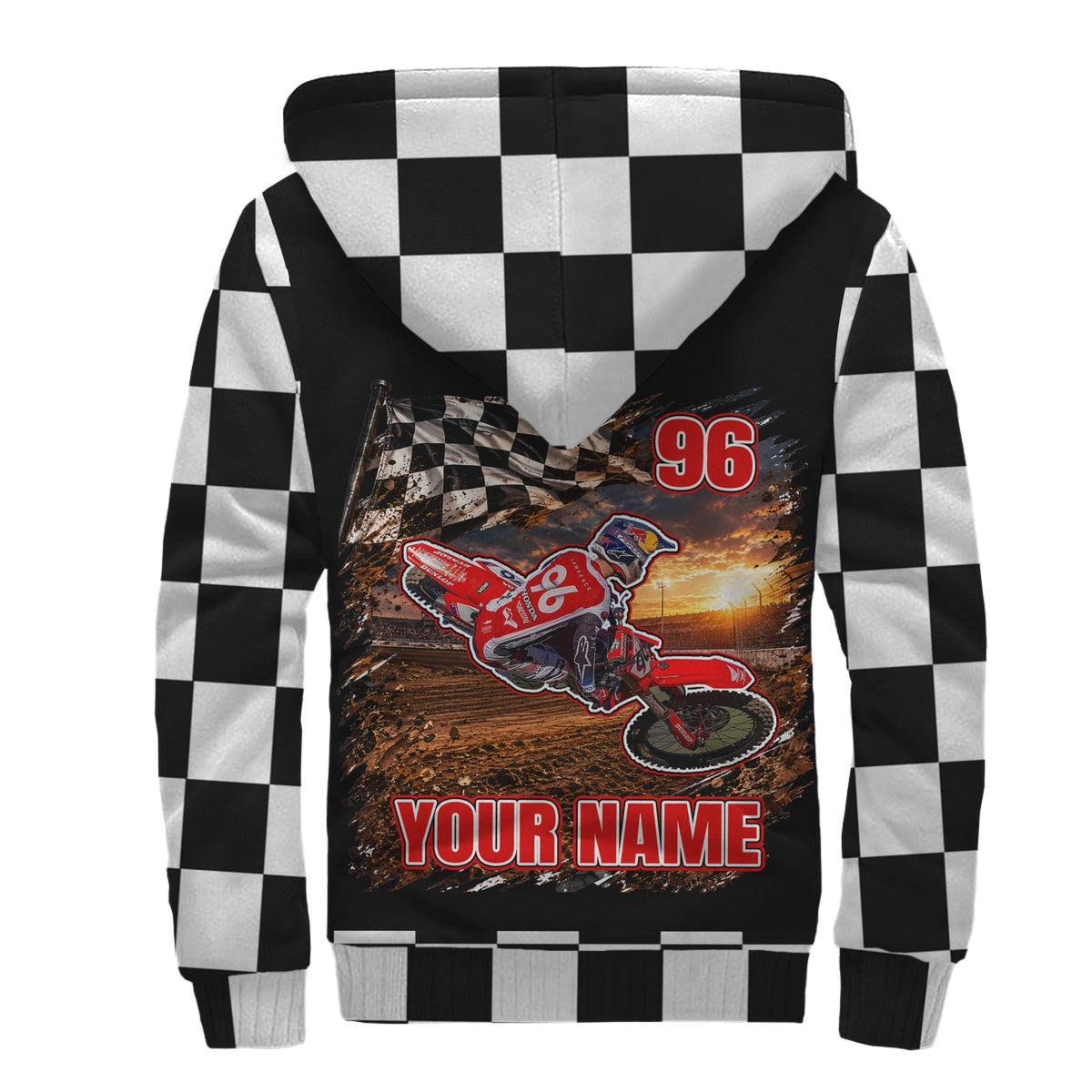 Back of personalized dirt bike sherpa jacket with red rider artwork, number 96, “YOUR NAME,” and a sunset track background.