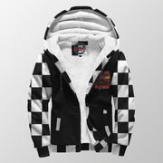 Front of dirt bike sherpa jacket unzipped to show white lining, personalized chest graphic, hood, and two pockets.