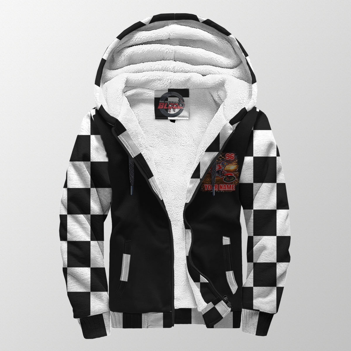 Front of dirt bike sherpa jacket unzipped to show white lining, personalized chest graphic, hood, and two pockets.