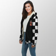 Woman modeling a personalized motocross sherpa jacket with black-and-white checkered sleeves and rider artwork on the chest.⠋