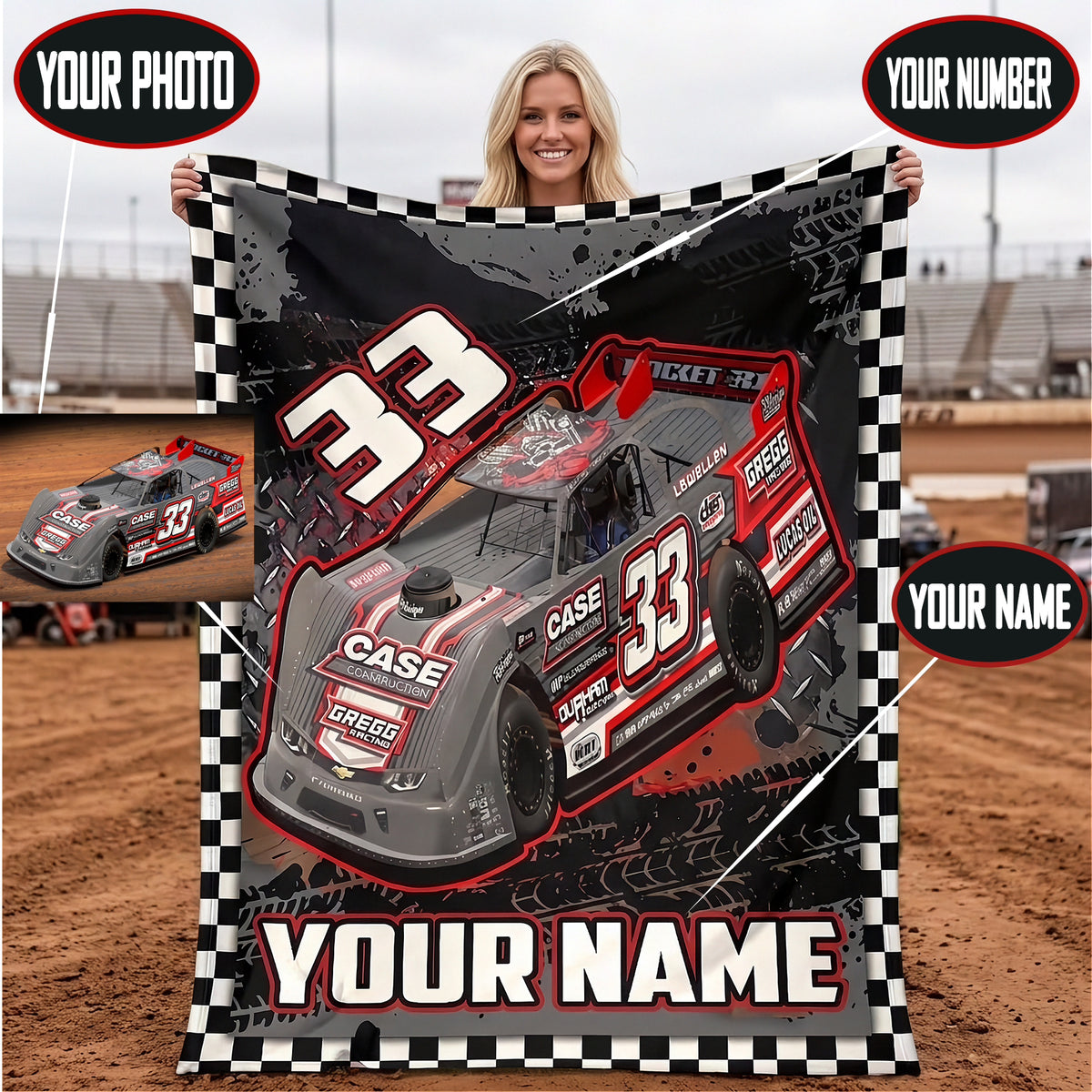A custom printed blanket or throw featuring a Late Model race car graphic with the number 33, held up by a woman in an outdoor dirt arena setting. The blanket has a black and white checkered border and customizable text placeholders reading 'YOUR PHOTO', 'YOUR NUMBER', and 'YOUR NAME'.