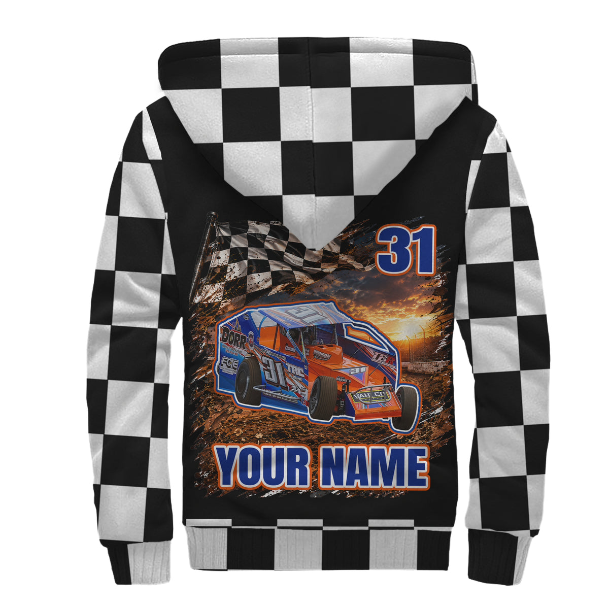 Back of custom dirt modified sherpa jacket with blue-and-orange car artwork, number 31, “YOUR NAME,” and checkered sleeves.
