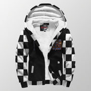 Front of dirt modified sherpa jacket unzipped to show white sherpa lining, custom chest graphic, hood, and two pockets.