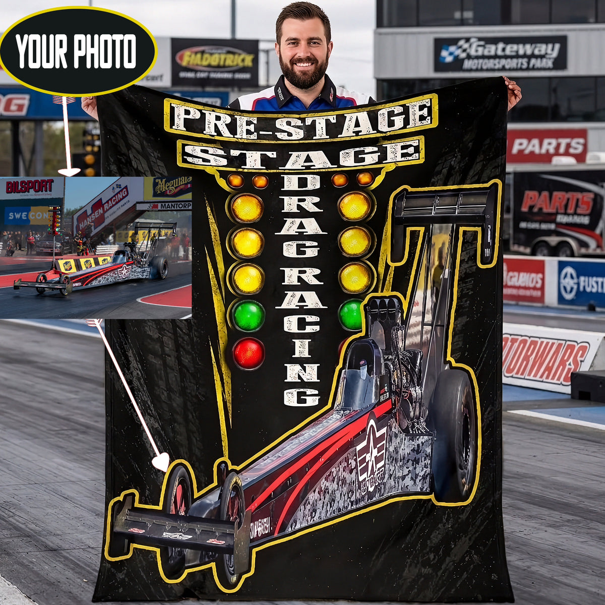 A man stands on a racetrack holding a large custom drag racing graphic print or poster. The print features a black background with a stylized drag racer car, illuminated light bar, and the words 'PRE-STAGE DRAG RACING.