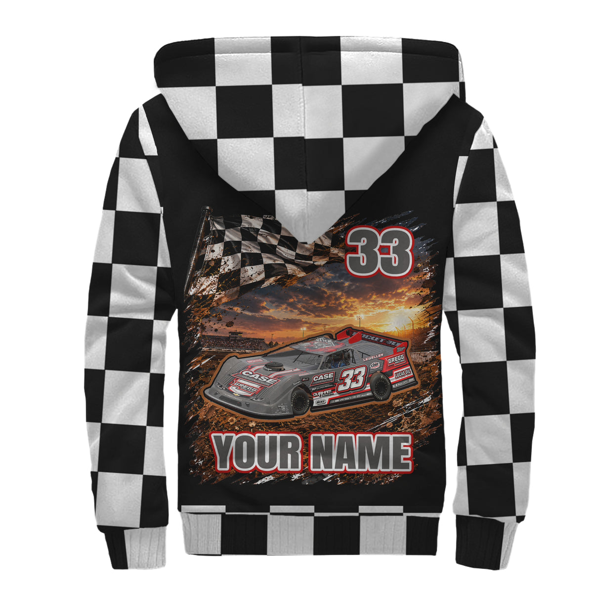Back of late model sherpa jacket with gray-and-red car artwork, number 33, “YOUR NAME,” and black-and-white checkered details.