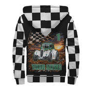 Back of Legends car sherpa jacket with green-and-white car artwork, number 1, “YOUR NAME,” and checkered sleeves and hood.