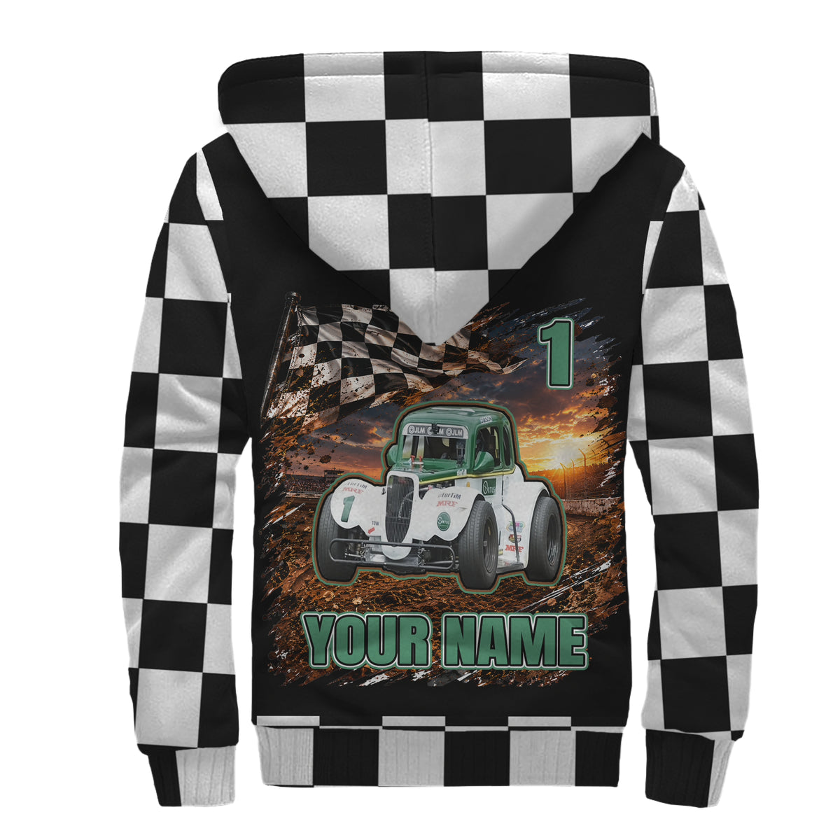 Back of Legends car sherpa jacket with green-and-white car artwork, number 1, “YOUR NAME,” and checkered sleeves and hood.