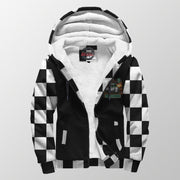 Front of Legends car sherpa jacket unzipped to show white sherpa lining, custom chest graphic, hood, and two pockets.