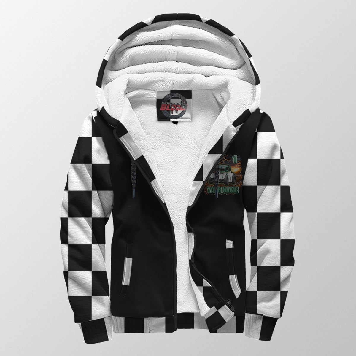 Front of Legends car sherpa jacket unzipped to show white sherpa lining, custom chest graphic, hood, and two pockets.