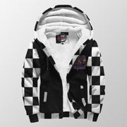 Front of dirt midget sherpa jacket unzipped to show white sherpa lining, custom chest graphic, hood, and two pockets.