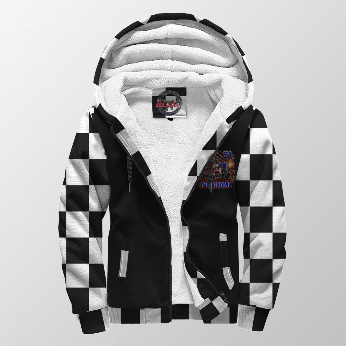 Front of dirt midget sherpa jacket unzipped to show white sherpa lining, custom chest graphic, hood, and two pockets.
