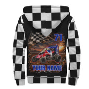 Back of dirt midget sherpa jacket with red-and-blue car artwork, number 71, “YOUR NAME,” and checkered sleeves and hood.