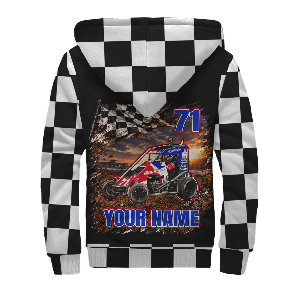 Back of dirt midget sherpa jacket with red-and-blue car artwork, number 71, “YOUR NAME,” and checkered sleeves and hood.
