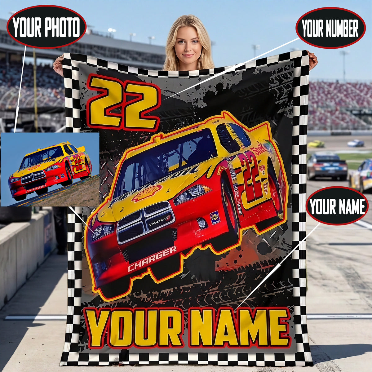 Personalized NASCAR-Style Stock Car Blanket | Custom Photo, Name & Number | RIIMB