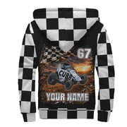 A custom hooded sweatshirt shown from the back, featuring a black and white checkered pattern on the hood, sleeves, and cuffs. The back is black with a large graphic of a race car, a checkered flag, the number 67, and the customizable text 'YOUR NAME'.