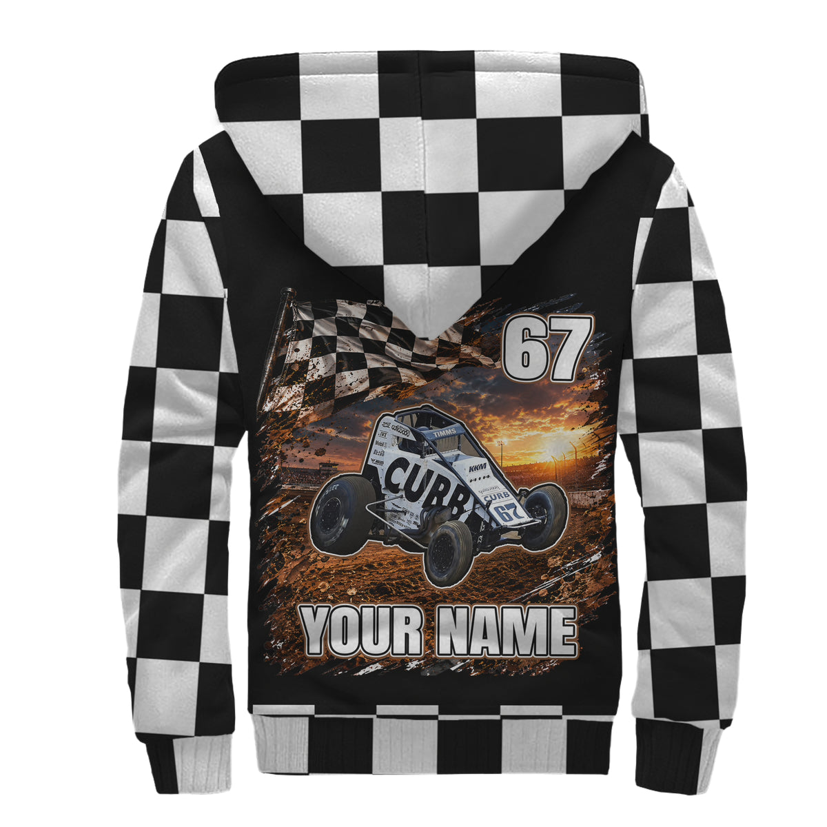 A custom hooded sweatshirt shown from the back, featuring a black and white checkered pattern on the hood, sleeves, and cuffs. The back is black with a large graphic of a race car, a checkered flag, the number 67, and the customizable text 'YOUR NAME'.