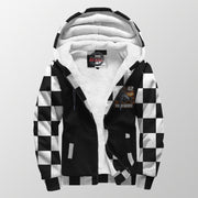 A black and white checkered zip-up hoodie with a white sherpa lining, featuring a small graphic on the left chest and a visible 'Hardcore' brand label inside the collar, set against a light gray background.
