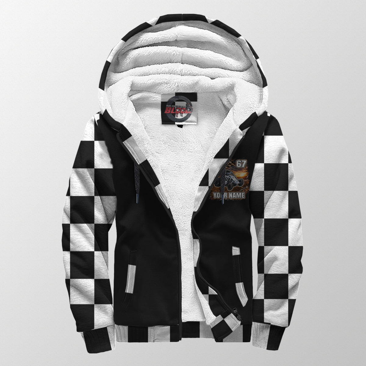 A black and white checkered zip-up hoodie with a white sherpa lining, featuring a small graphic on the left chest and a visible 'Hardcore' brand label inside the collar, set against a light gray background.