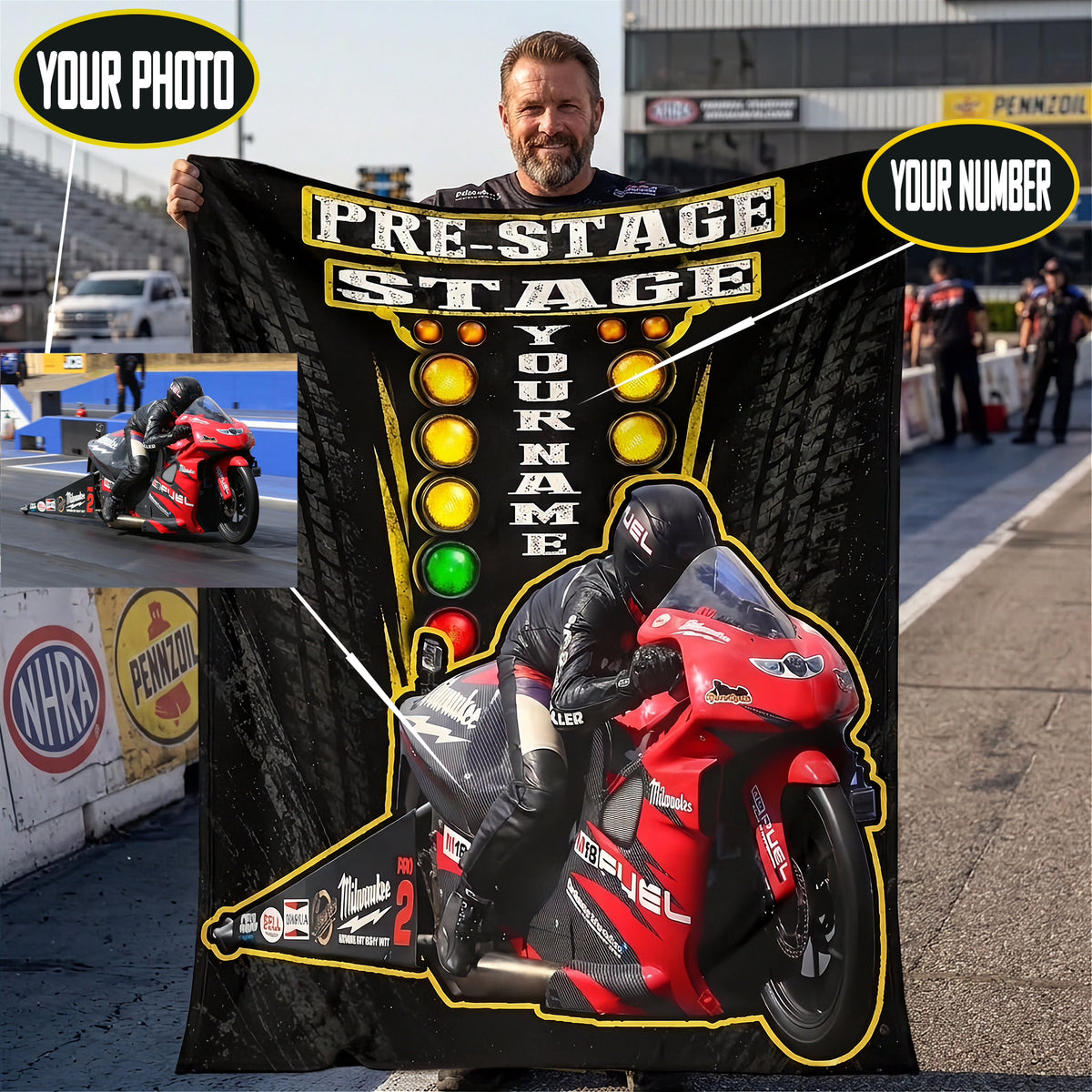 A man stands on a racetrack holding a large custom motorcycle-themed banner or poster. The banner has a black background with yellow and white text reading 'PRE-STAGE STAGE', a vertical 'YOUR NAME' field, colored light bar graphics, and a large red motorcycle with a rider illustration.
