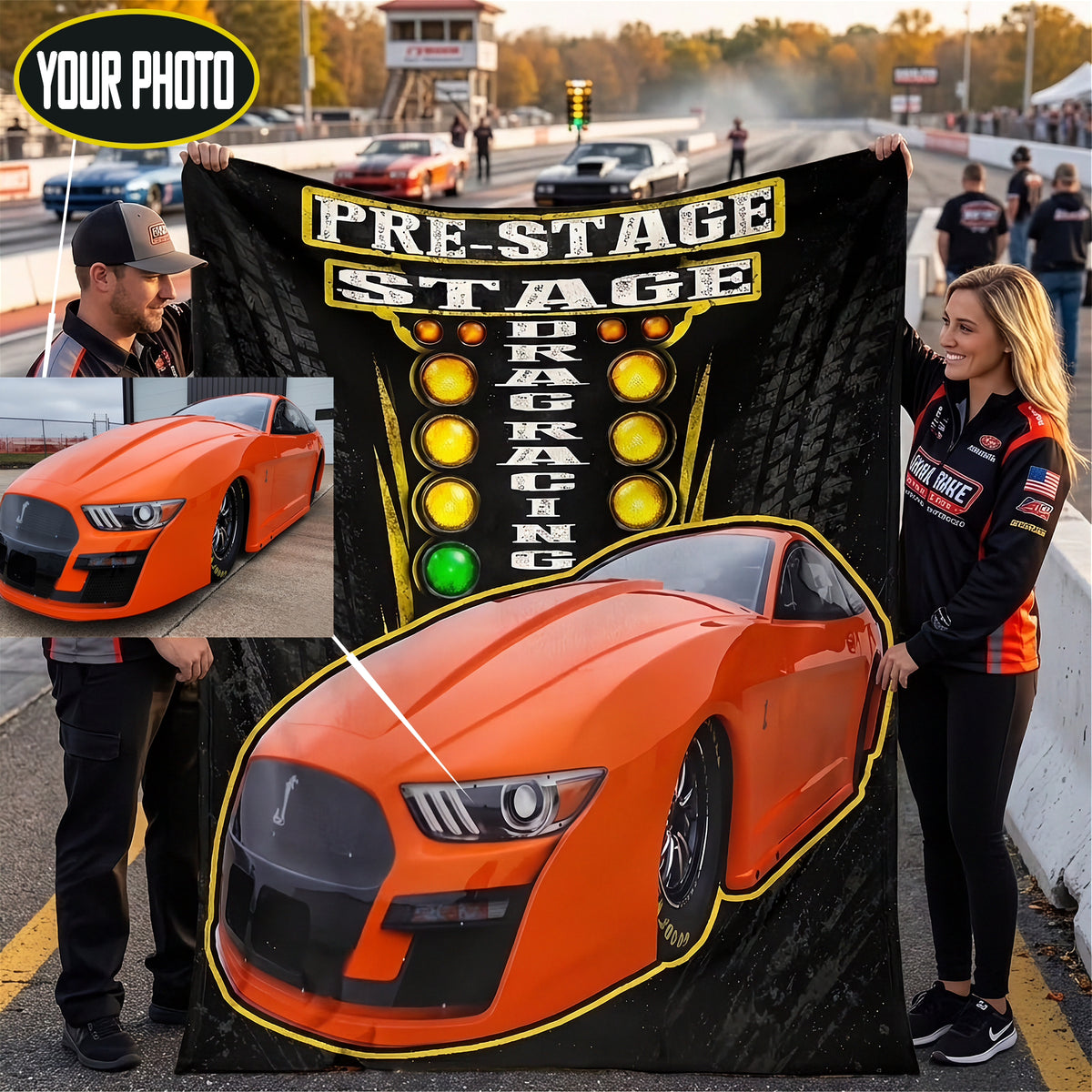 A custom printed drag racing themed blanket or poster being held up by two people on a racetrack. The design features a large orange Shelby Mustang car, a yellow and black pre-stage lighting graphic, and the words 'PRE-STAGE DRAG RACING'.