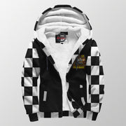 Front of sprint car sherpa jacket unzipped to show white lining, personalized chest artwork, hood, and two pockets.