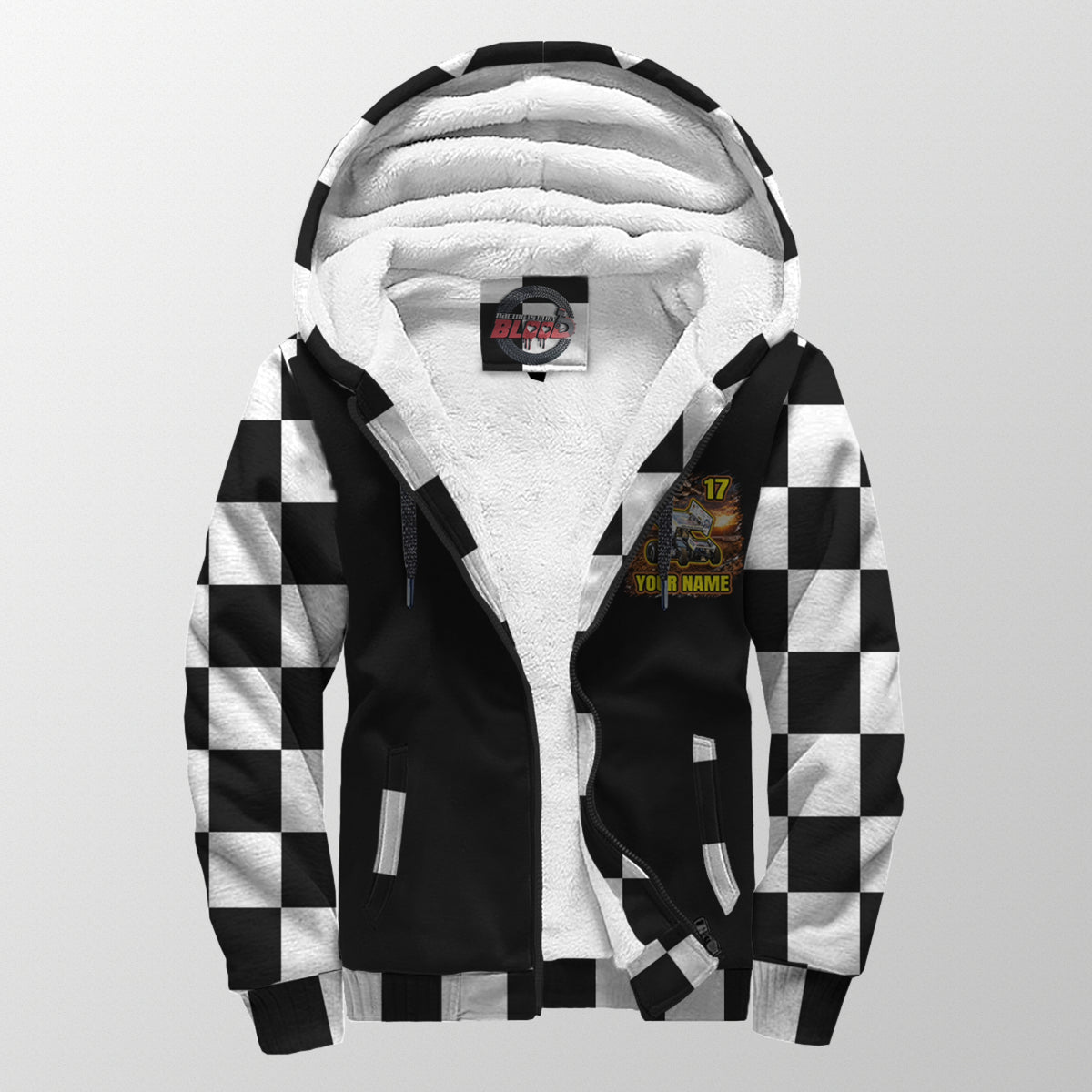 Front of sprint car sherpa jacket unzipped to show white lining, personalized chest artwork, hood, and two pockets.