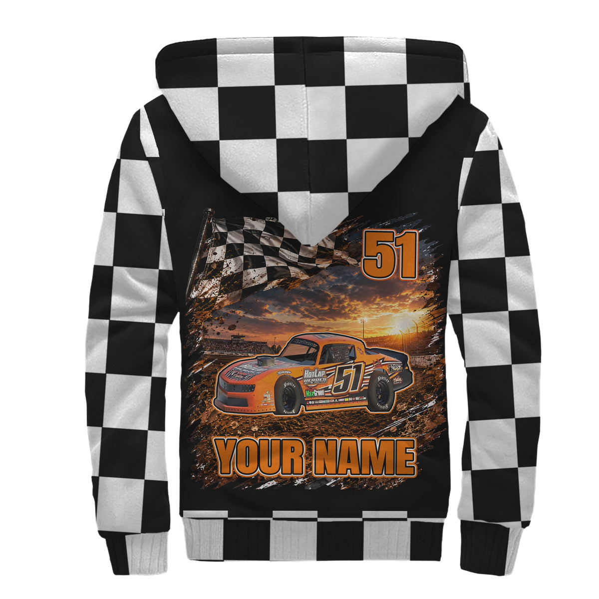 Back of street stock sherpa jacket with orange car artwork, number 51, “YOUR NAME,” and checkered sleeves and hood.