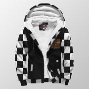 Front of street stock sherpa jacket unzipped to show white sherpa lining, custom chest graphic, hood, and two pockets.