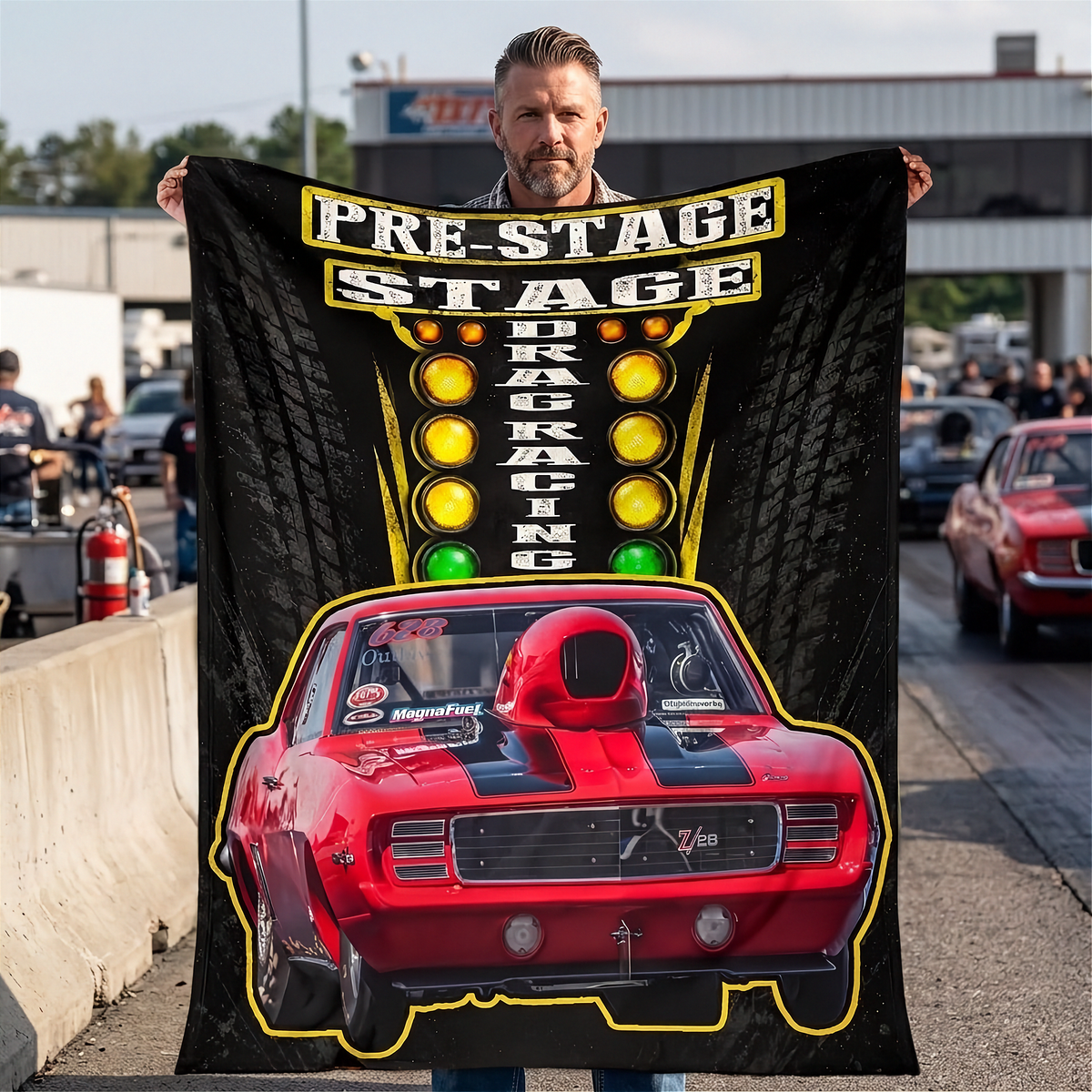 A man stands outdoors holding up a large black printed blanket or poster featuring a red muscle car, yellow stage lights, and the words 'PRE-STAGE DRAG RACING'. The background shows a real outdoor drag racing environment with cars and a concrete barrier.