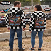 Couple wearing personalized demolition derby sherpa jackets, with callouts showing custom car photo, name, and number options.