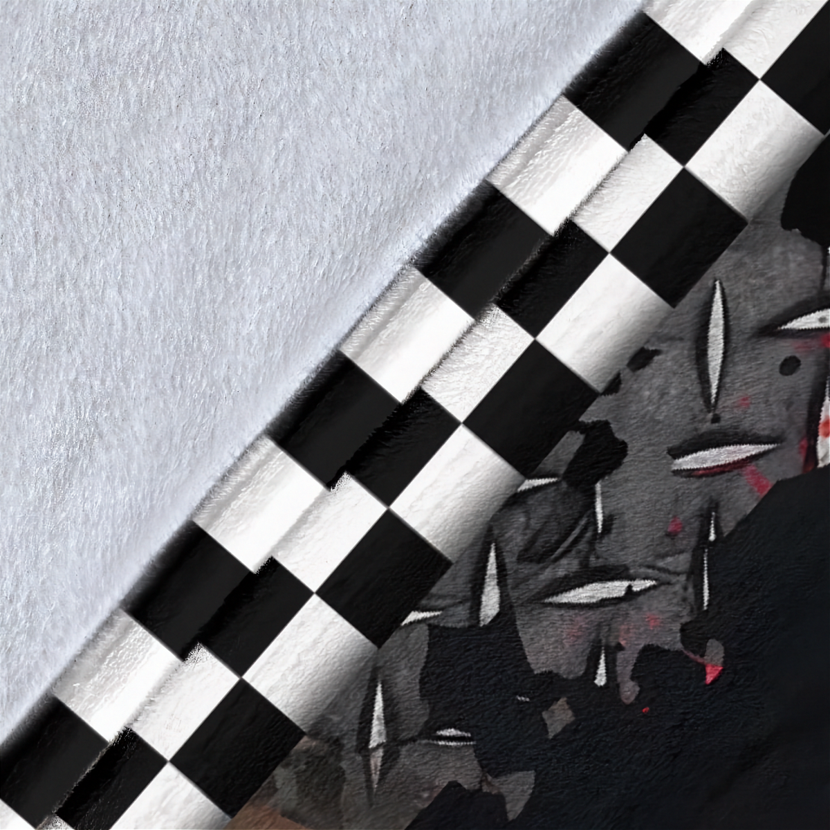 A close-up of a checkered black and white strip diagonally crossing a textured gray and black abstract background with small red accents.