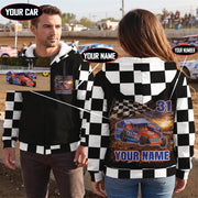 Couple wearing personalized dirt modified sherpa jackets at the track, showing the chest graphic and custom car, name, and number back design.