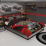 A racing-themed bedding set displayed on a bed in a modern bedroom. The set includes a duvet cover and two matching pillowcases featuring a red and black grunge pattern with a silver race car graphic, checkered flags, and a checkered wall decal above the bed.