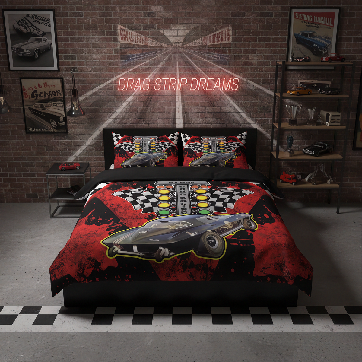 A racing-themed bedding set featuring a duvet cover and two pillowcases with a black car graphic, checkered stripes, and a neon-style finish line, styled in a dark, industrial bedroom with brick walls and racing decor.