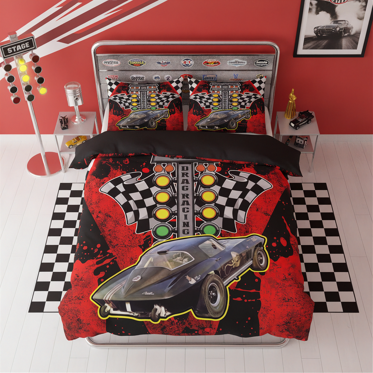 A racing-themed bedding set featuring a duvet cover and two pillowcases with a black and red design, including a race car, checkered flags, and a starting light bar. The set is displayed on a bed in a styled bedroom with red walls, checkered floor mats, and racing decor.
