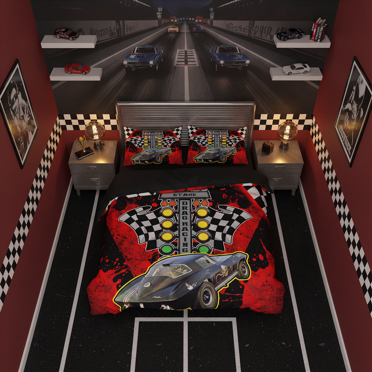 A racing-themed bedding set displayed on a bed in a styled bedroom. The set includes a duvet cover and two pillowcases featuring a black race car, checkered flag patterns, and bright green, yellow, and red track lights on a dark background.