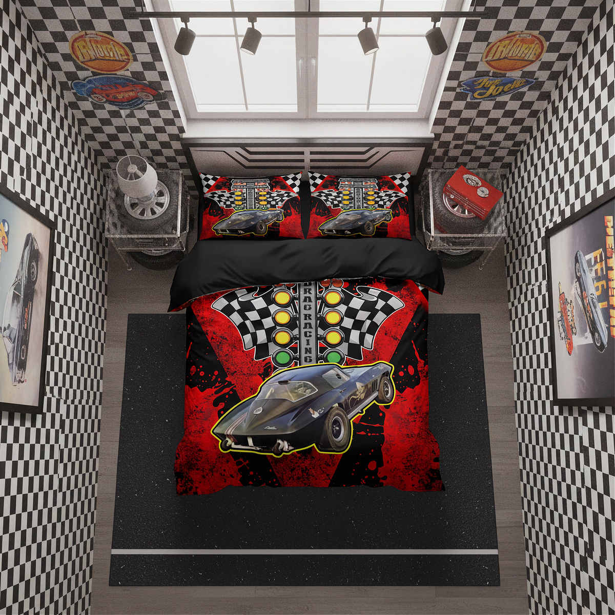 A top-down bedroom scene showing a racing-themed bedding set on a bed. The duvet cover and two matching pillowcases feature a black race car graphic, checkered flags, and red splatter details.